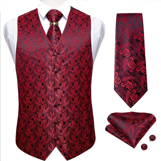 Red and Black Floral Paisley Vest Set with Tie Ring - Masculine Clothes