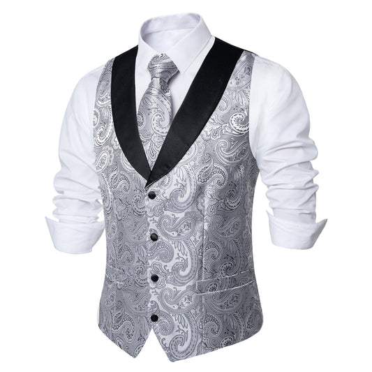 Silver Floral with Collar Black Vest Set - Masculine Clothes