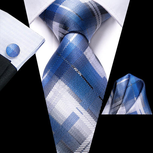 Blue and White Checkered Tie Set - Masculine Clothes