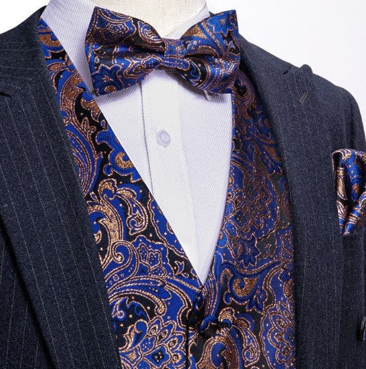 Blue and Gold Floral Vest Set - Masculine Clothes