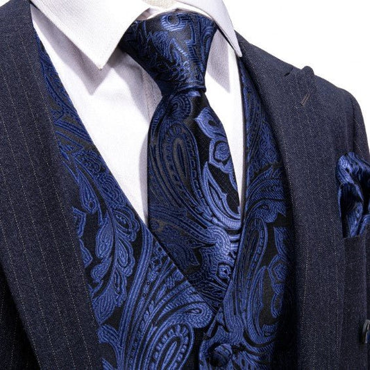 Blue and Black Floral Vest Set - Masculine Clothes
