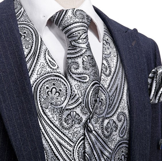 Silver Gray Paisley Vest Set - Masculine Clothes