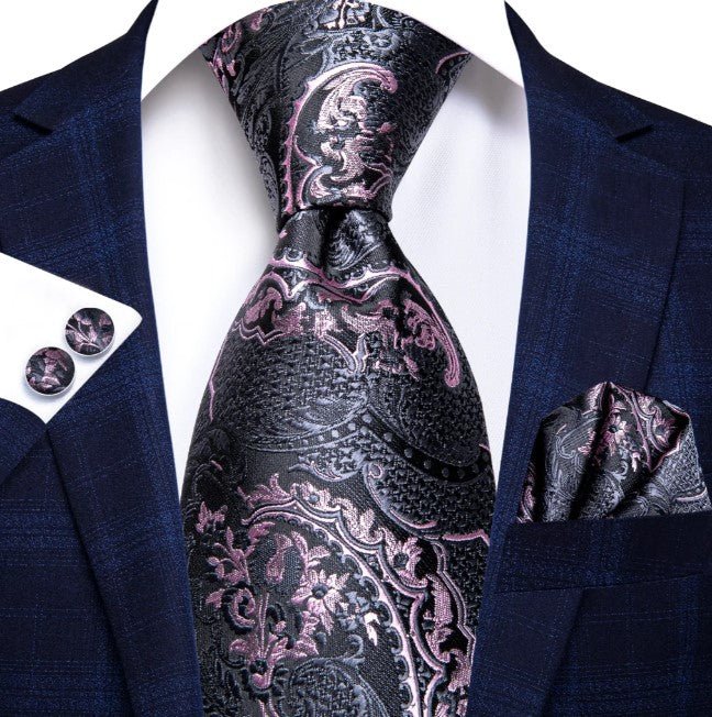 Pink and Gray Silk XL Tie Set - Masculine Clothes