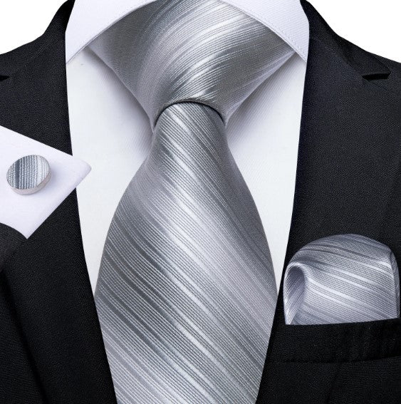 Silver Gray Striped Tie Set - Masculine Clothes