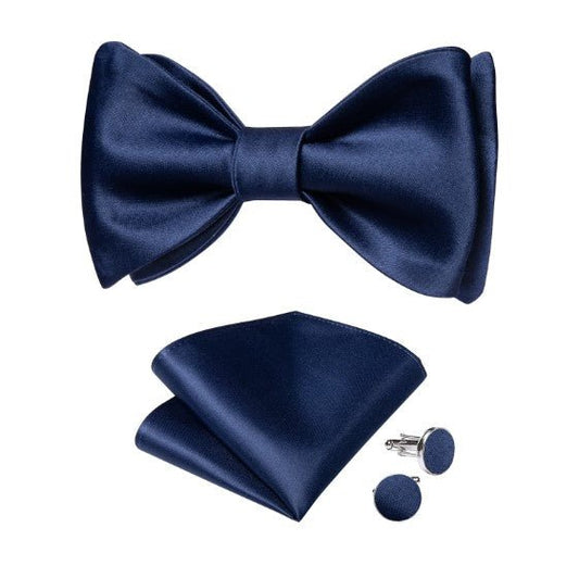 Navy Blue Silk Bow Tie Set - Masculine Clothes
