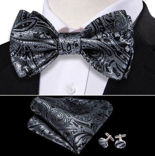 Silver Paisley Bow Tie Set in Black - Masculine Clothes