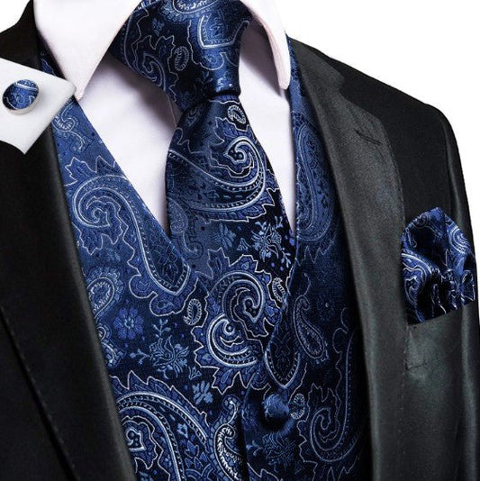 Shimmering Blue Paisley Vest Set - Masculine Clothes