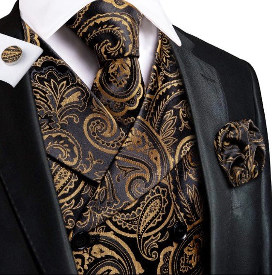 Gold Floral Paisley Vest Set in Black - Masculine Clothes