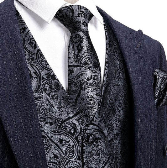 Grey - Black Paisley Vest Set - Masculine Clothes