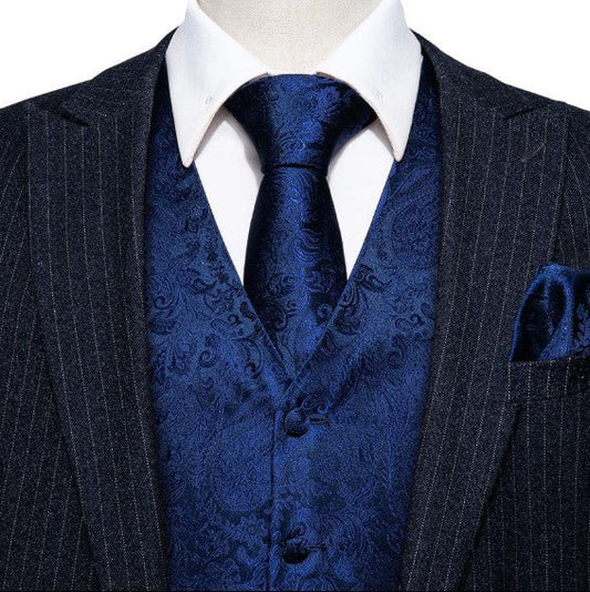 Navy Blue Paisley Vest Set - Masculine Clothes