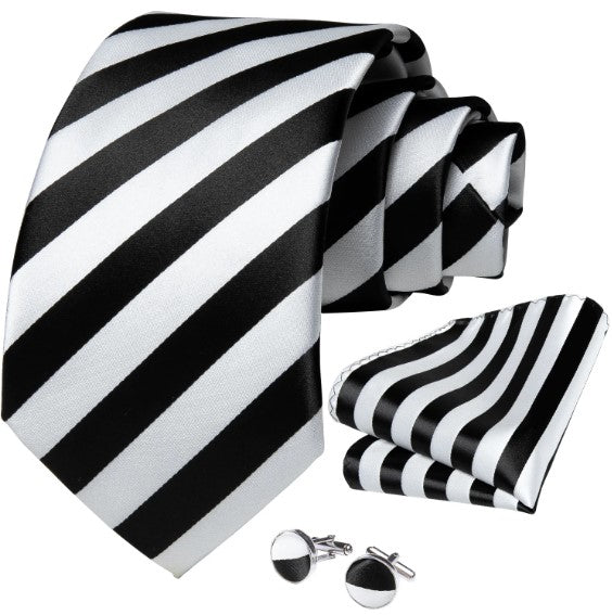 Black and White Striped XL Tie Set - Masculine Clothes