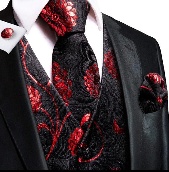 Red Flowers Vest Set in Black - Masculine Clothes