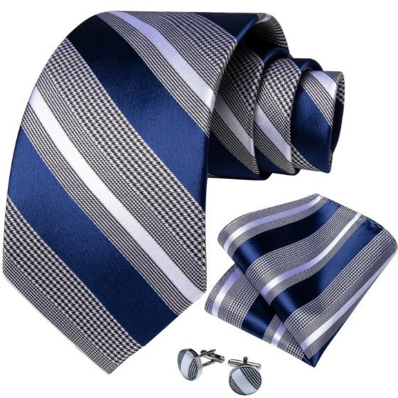 Navy Blue Stripes Tie Set - Masculine Clothes