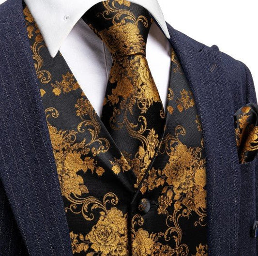 Gold Rose Vest Set in Black - Masculine Clothes