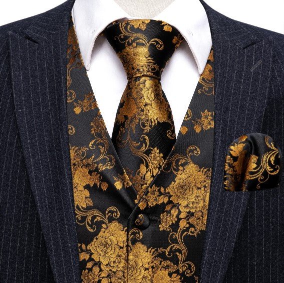 Gold Rose Vest Set in Black - Masculine Clothes