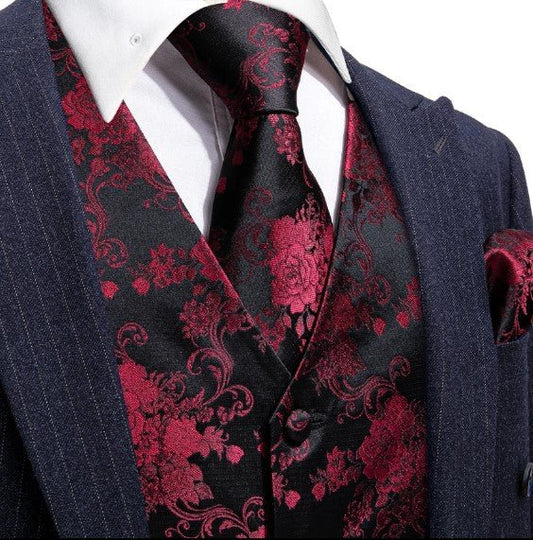 Red Rose Vest Set in Black - Masculine Clothes