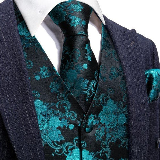 Teal Rose Vest Set in Black - Masculine Clothes