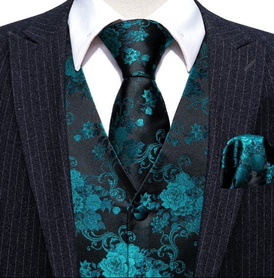 Teal Rose Vest Set in Black - Masculine Clothes