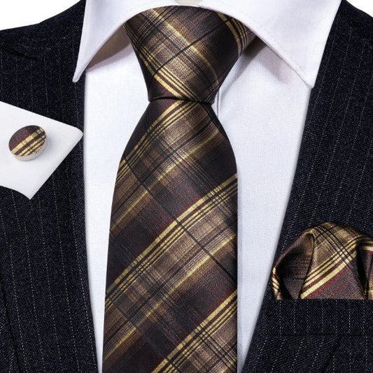 Yellow Lines Tie Set in Brown - Masculine Clothes
