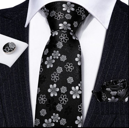 Tiny White Flowers Tie Set in Black - Masculine Clothes