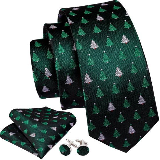 Green and White Christmas Tree Tie Set - Masculine Clothes