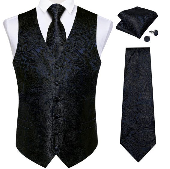 Black Floral Vest Set in Dark Blue - Masculine Clothes