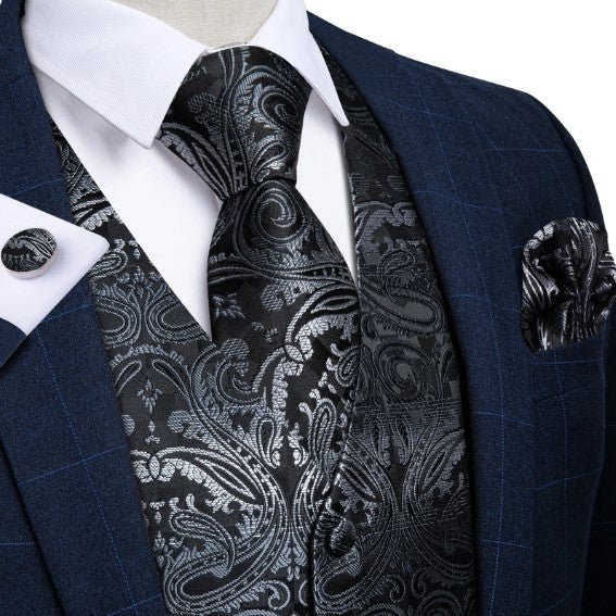 Silver Floral Vest Set in Black - Masculine Clothes