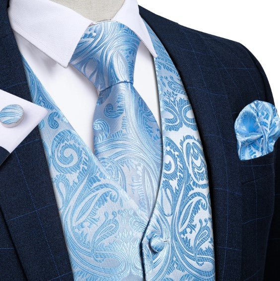 Sky Blue Paisley Vest Set - Masculine Clothes