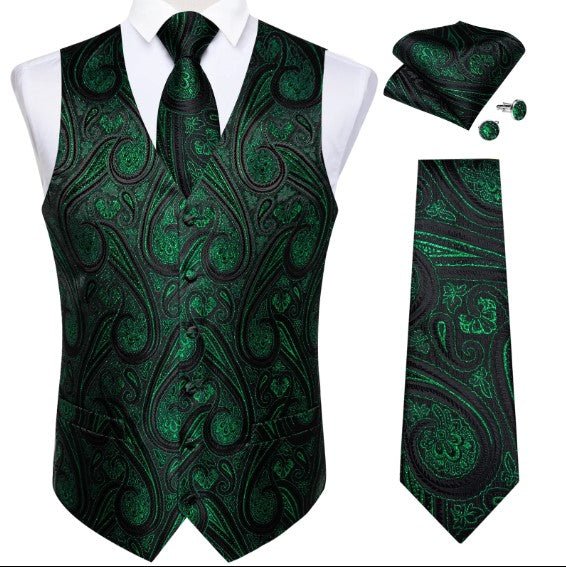 Green Floral Vest Set in Black - Masculine Clothes