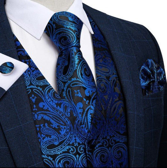 Blue And Green Floral Vest Set - Masculine Clothes