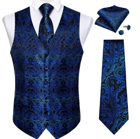 Blue And Green Floral Vest Set - Masculine Clothes