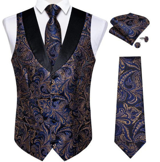 Blue and Gold Floral Paisley Vest Set - Masculine Clothes