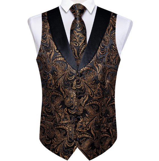 Gold Floral Paisley Vest Set in Black - Masculine Clothes