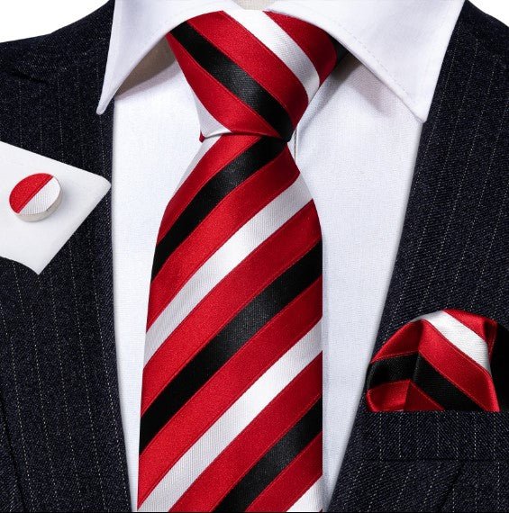 Red, White and Black Stripes Tie Set - Masculine Clothes