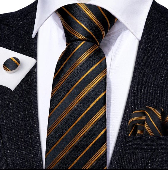 Gold And Black Stripes Tie Set - Masculine Clothes