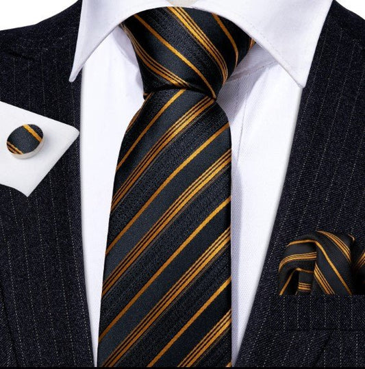 Gold And Black Stripes Tie Set - Masculine Clothes