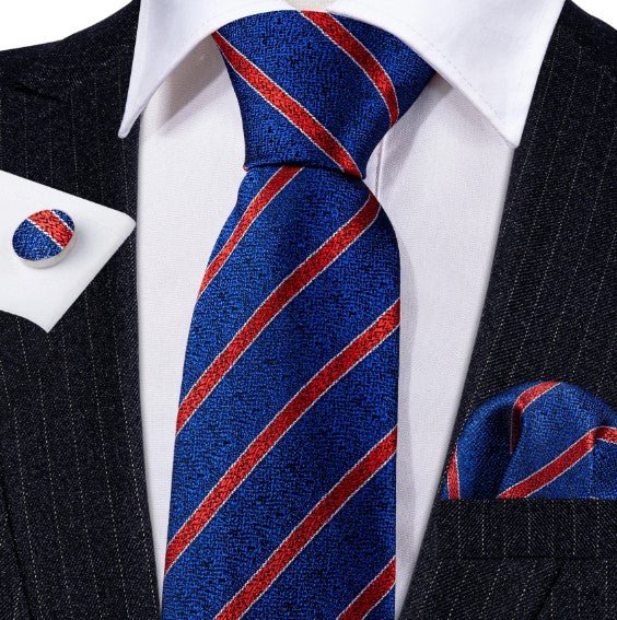Red Stripes Tie Set in Royal Blue - Masculine Clothes