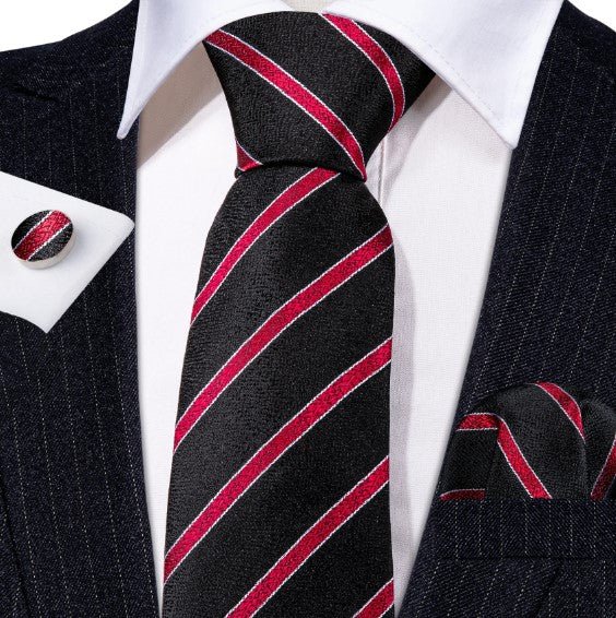 Shiny Red Stripes Tie Set - Masculine Clothes