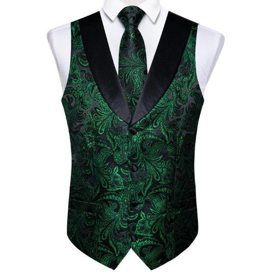 Green Floral Paisley Vest Set in Black - Masculine Clothes