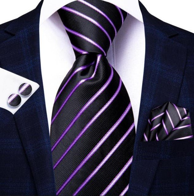 Purple Stripes Tie Set in Black - Masculine Clothes