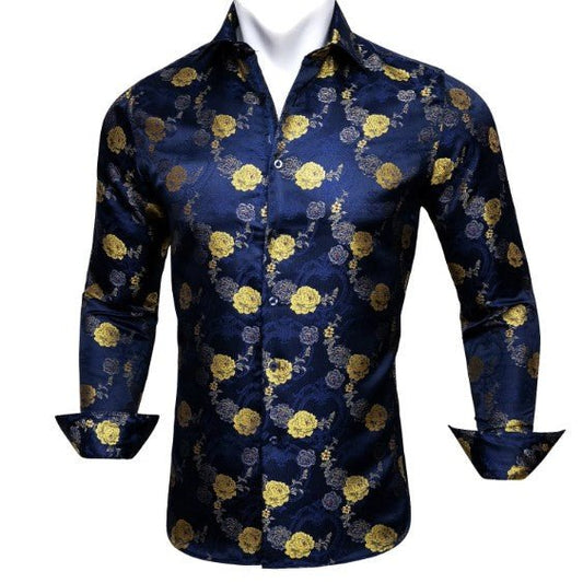 Yellow Blossom Silk Shirt in Blue - Masculine Clothes