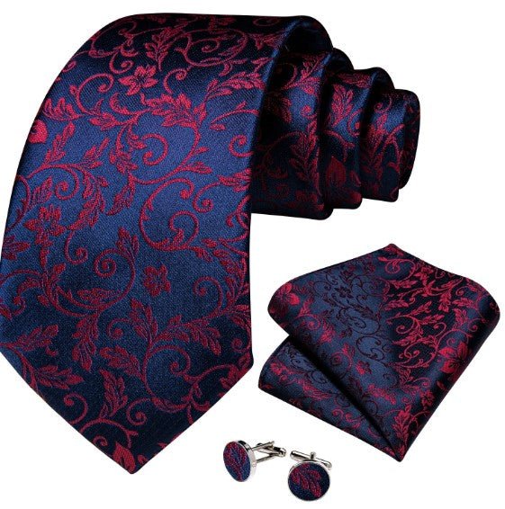 Red Leaves Paisley Tie Set in Blue - Masculine Clothes