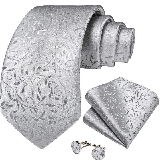 Silver Tiny Leaves Paisley Tie Set - Masculine Clothes