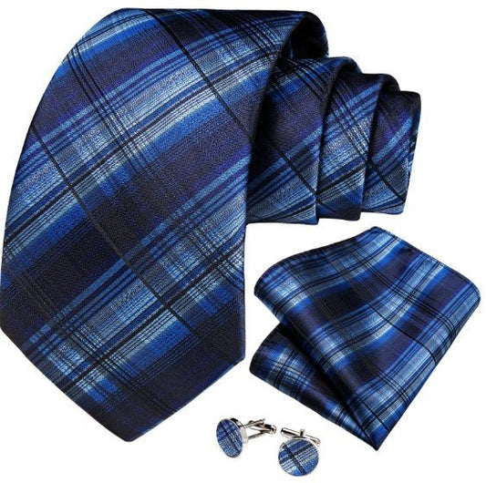Blue Checkered Silk Tie Set - Masculine Clothes