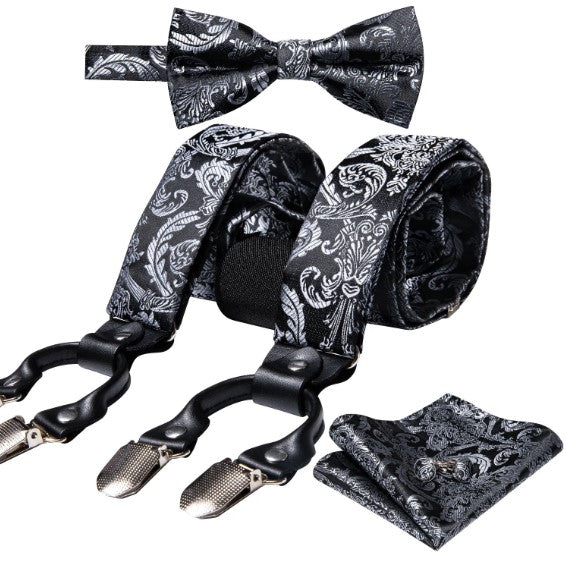 White Floral Suspender Set in Black - Masculine Clothes