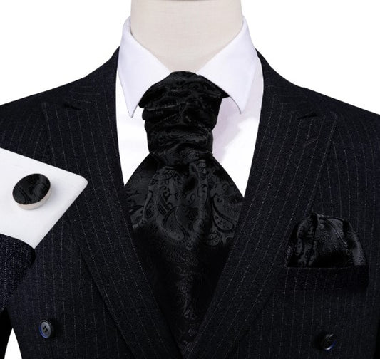 Black Floral Paisley Ascot, Pocket Square and Cufflinks - Masculine Clothes