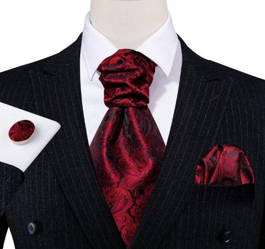 Red Wine Paisley Ascot, Pocket Square and Cufflinks - Masculine Clothes
