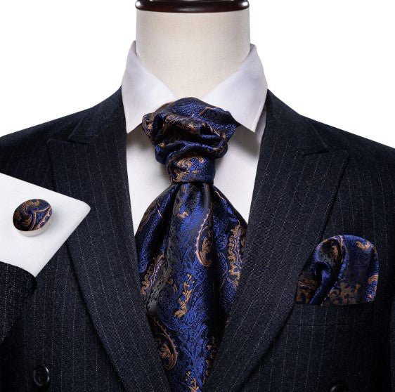 Deep Blue with Gold Flower Ascot, Pocket Square and Cufflinks - Masculine Clothes
