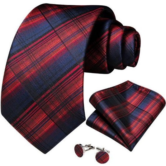 Red Checkered Tie, Pocket Square and Cufflinks - Masculine Clothes