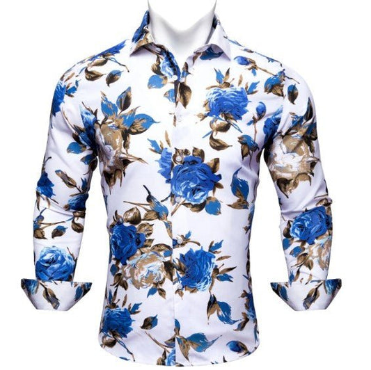 Blue Floral Cotton Shirt - Masculine Clothes